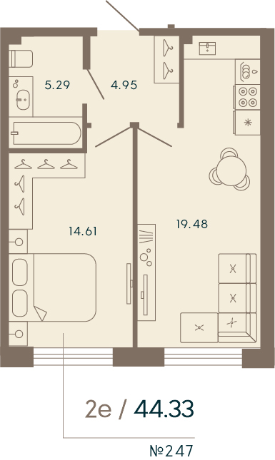 1 комн. квартира, 44.3 м², 5 этаж 