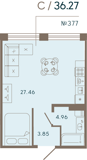 1 комн. квартира, 36.3 м², 5 этаж 