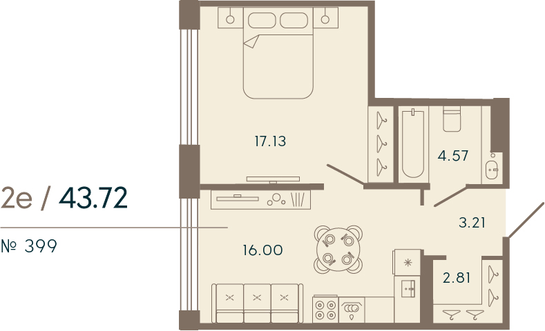 1 комн. квартира, 43.7 м², 6 этаж 