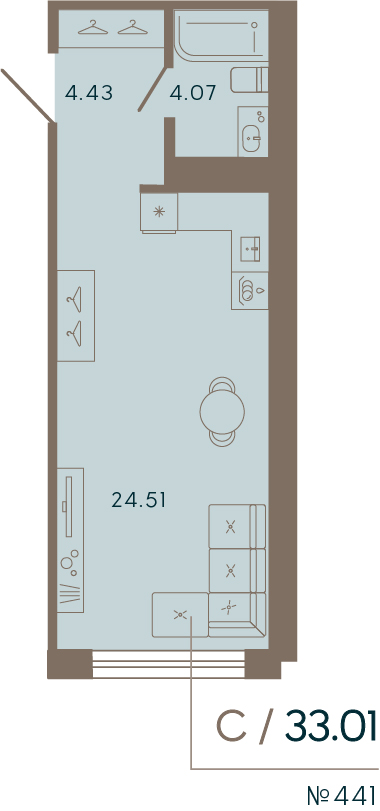 1 комн. квартира, 33 м², 8 этаж 