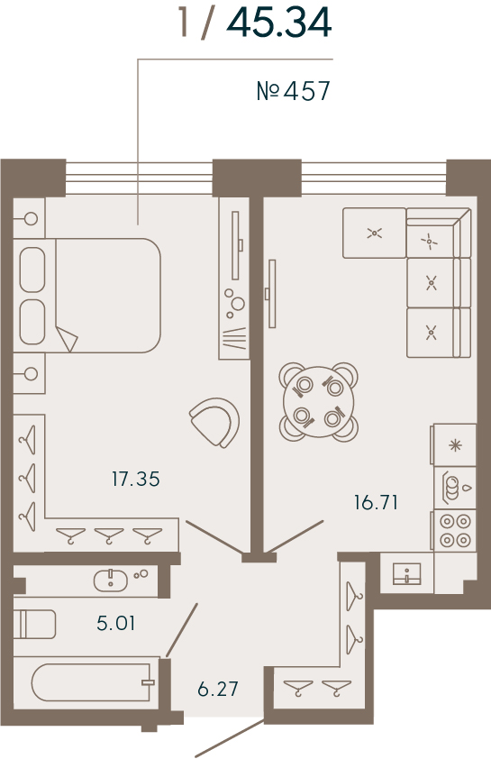 1 комн. квартира, 45.3 м², 2 этаж 