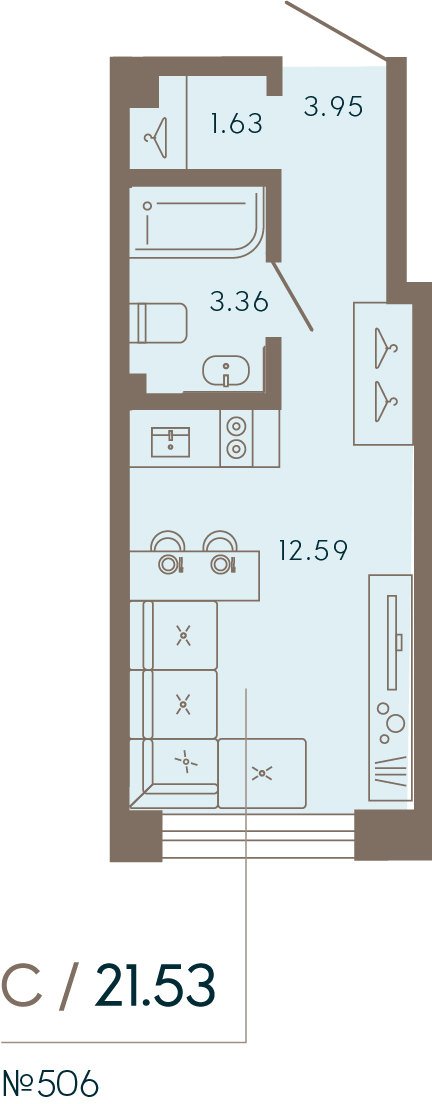 1 комн. квартира, 21.5 м², 4 этаж 