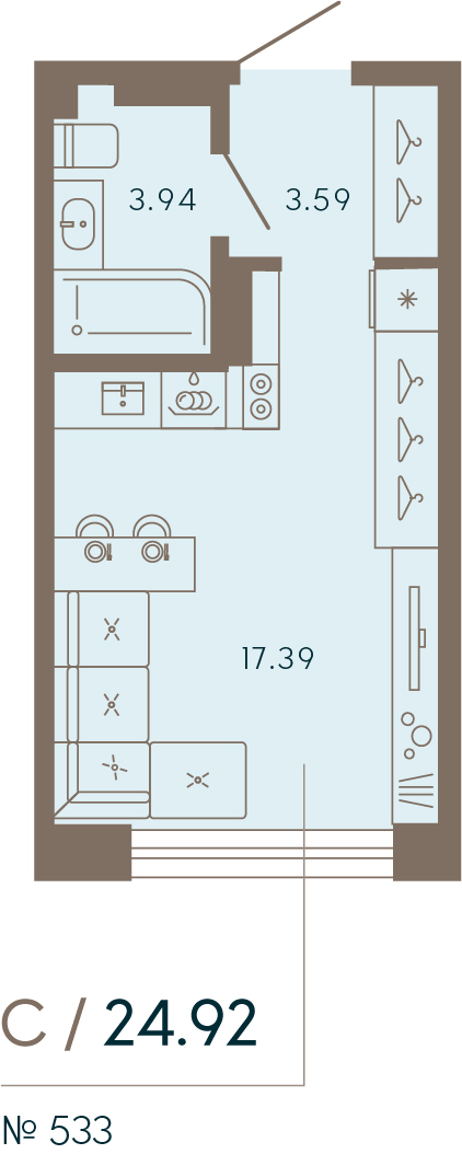 1 комн. квартира, 24.9 м², 6 этаж 