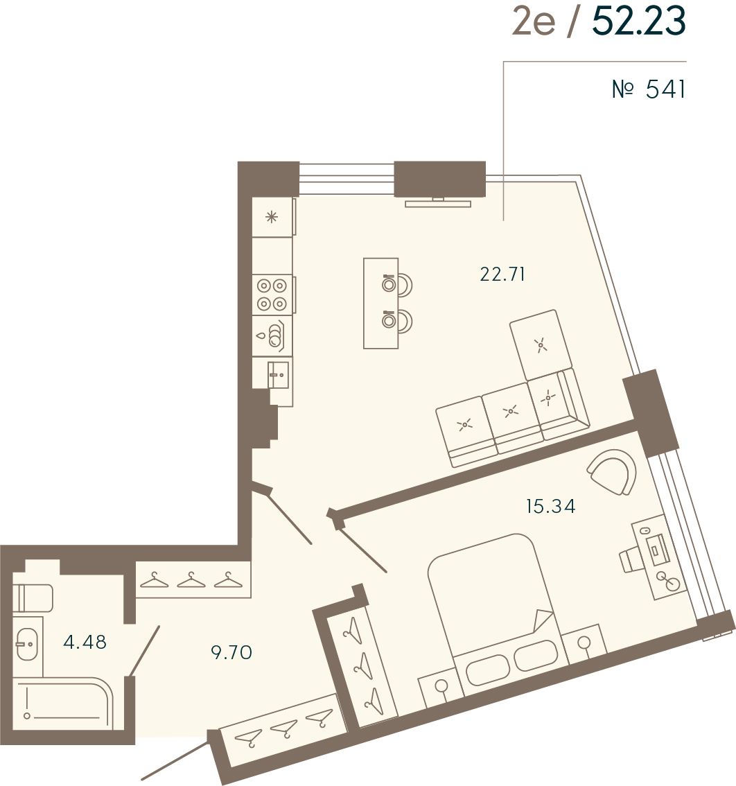1 комн. квартира, 52.2 м², 6 этаж 