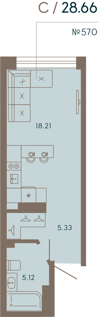 1 комн. квартира, 28.7 м², 8 этаж 