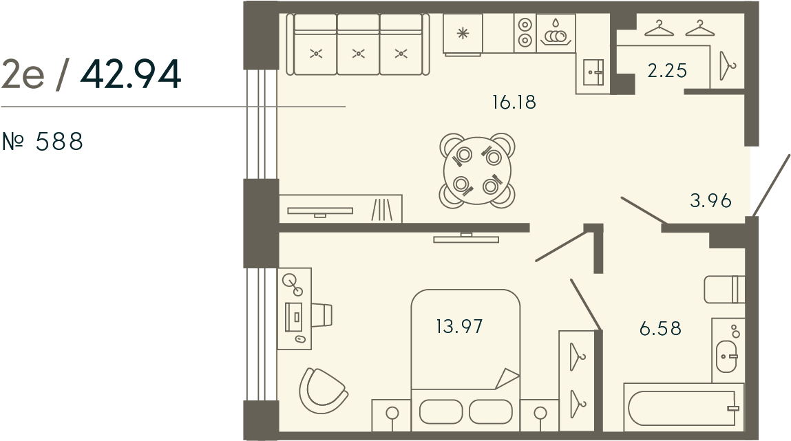 1 комн. квартира, 42.9 м², 2 этаж 