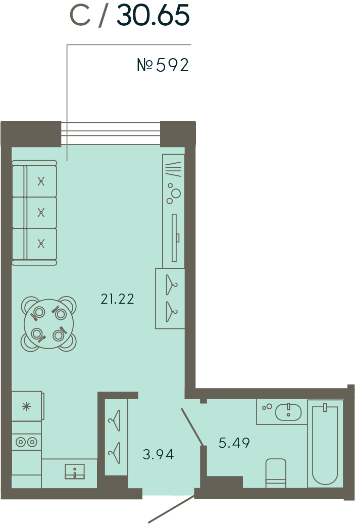 1 комн. квартира, 30.6 м², 2 этаж 