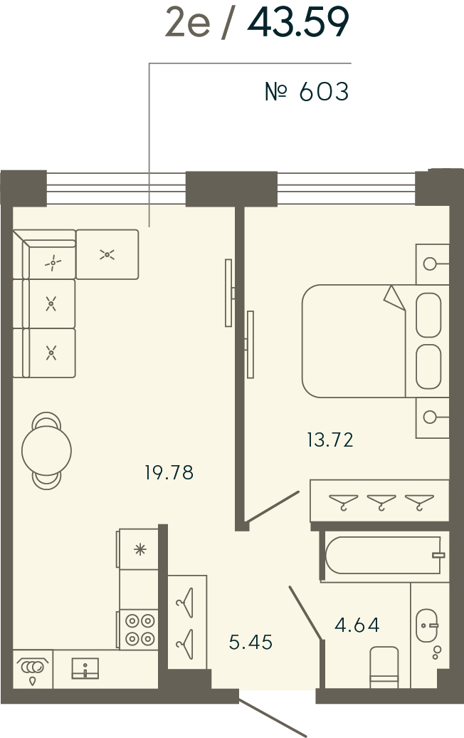 1 комн. квартира, 43.6 м², 2 этаж 