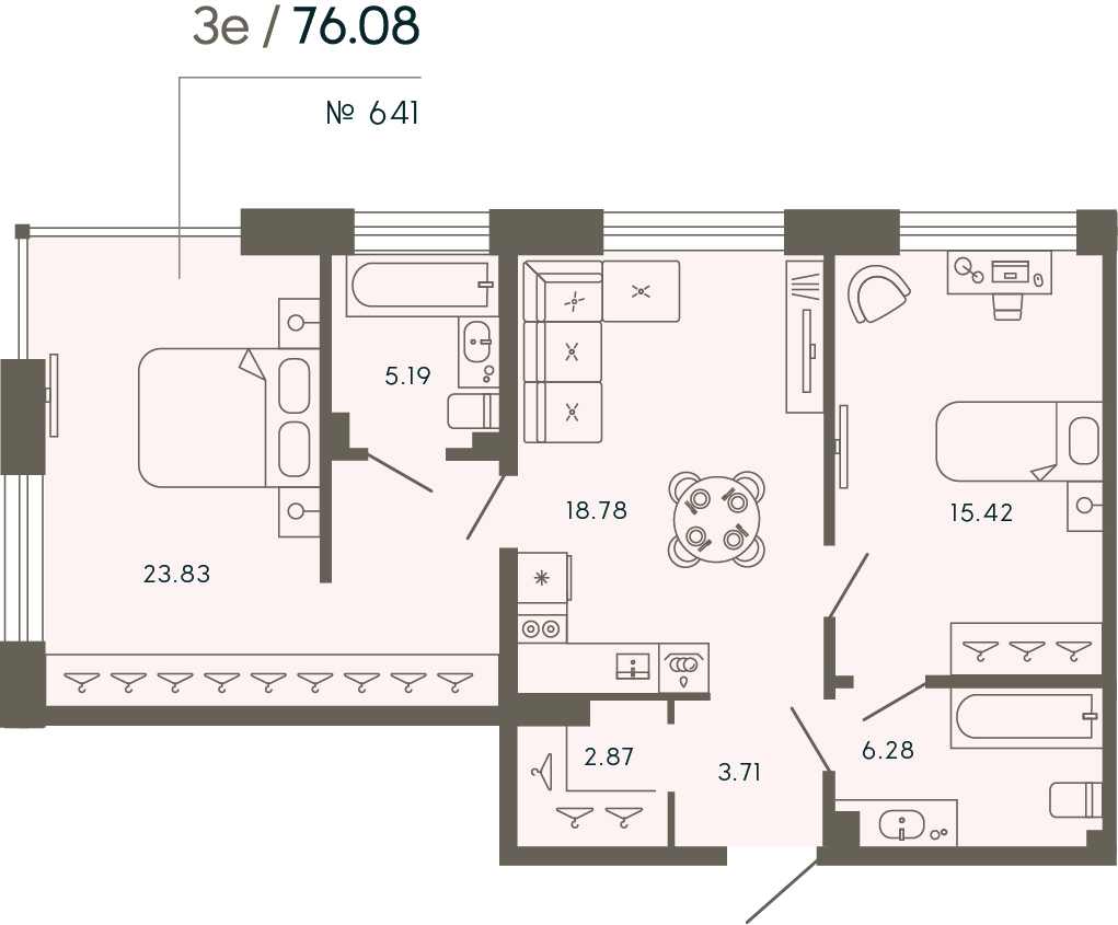 2 комн. квартира, 76.1 м², 5 этаж 