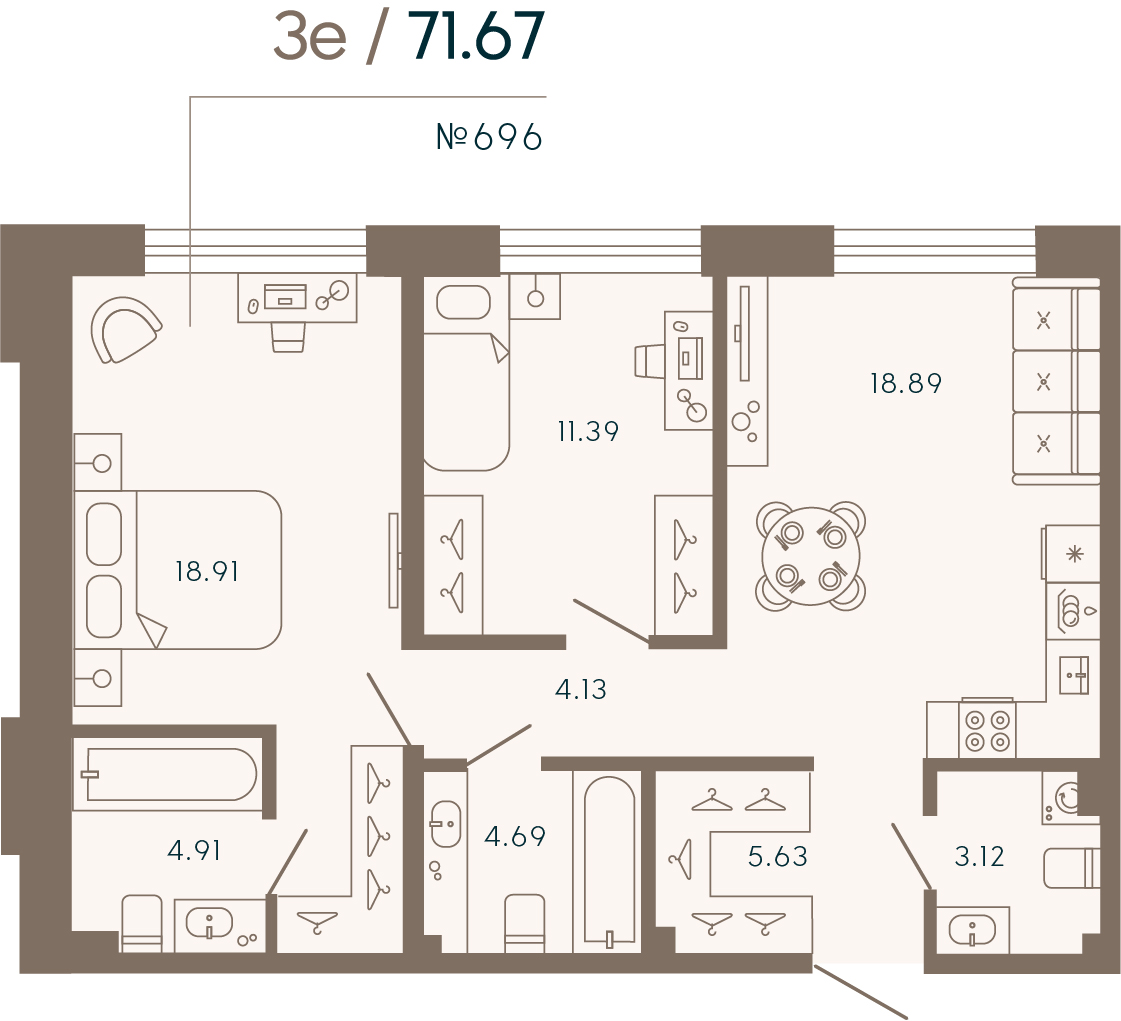 2 комн. квартира, 71.7 м², 2 этаж 