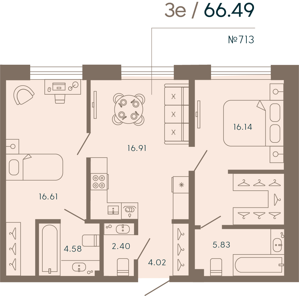 2 комн. квартира, 66.5 м², 3 этаж 