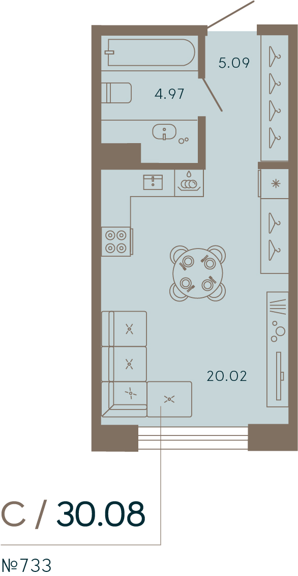 1 комн. квартира, 30.1 м², 5 этаж 