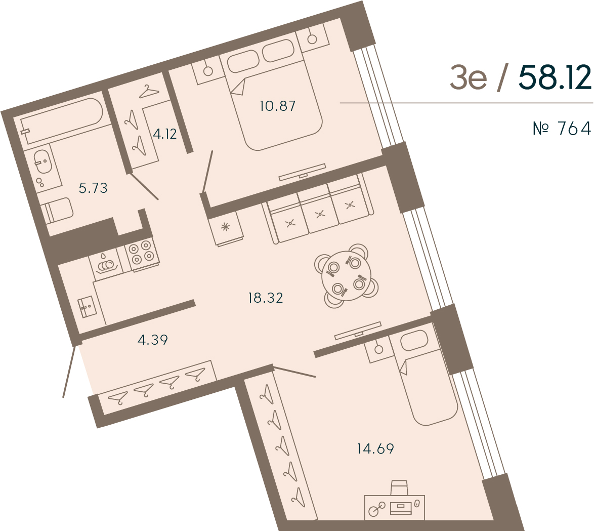 2 комн. квартира, 58.1 м², 7 этаж 