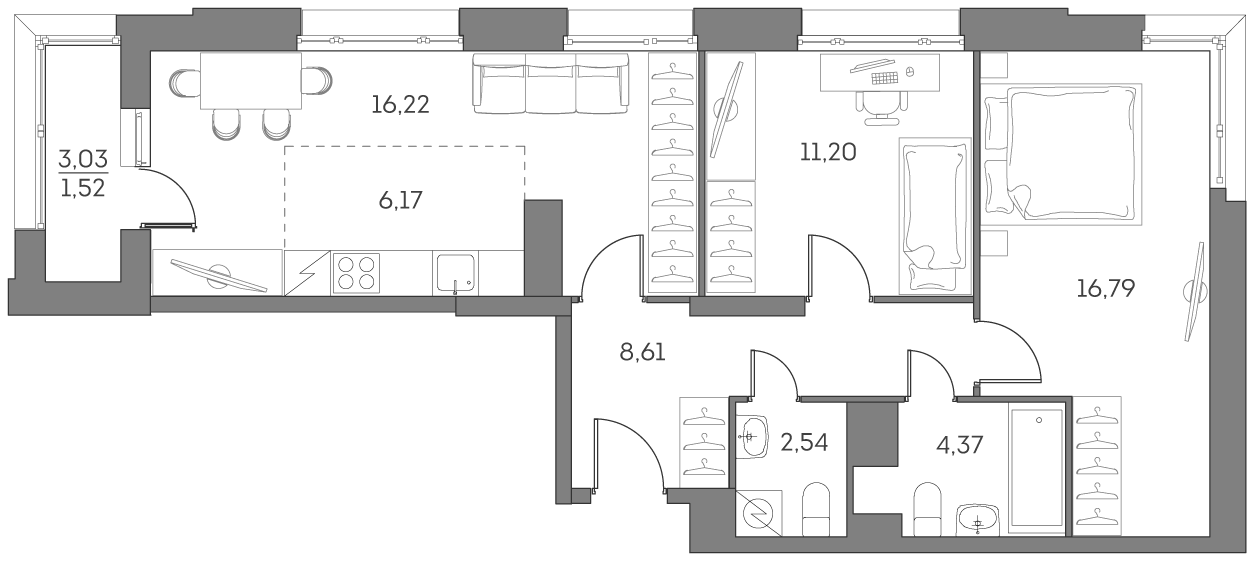 3 комн. квартира, 67.4 м², 3 этаж 