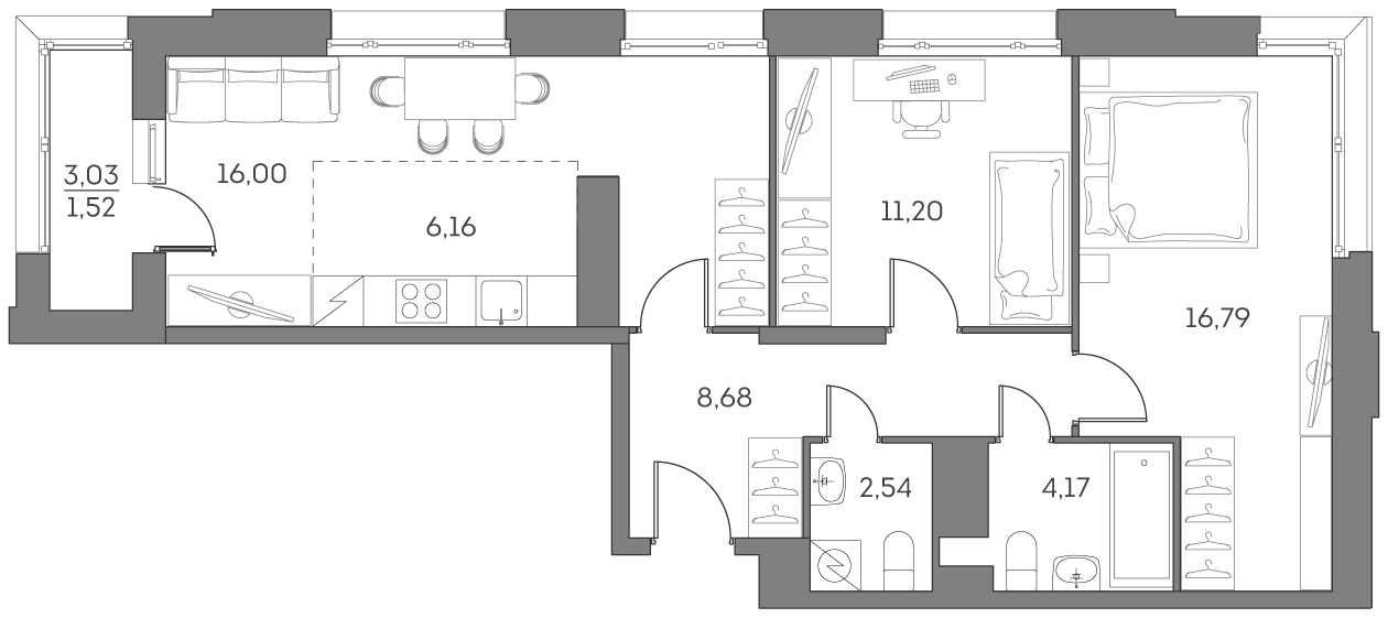 3 комн. квартира, 67.1 м², 23 этаж 