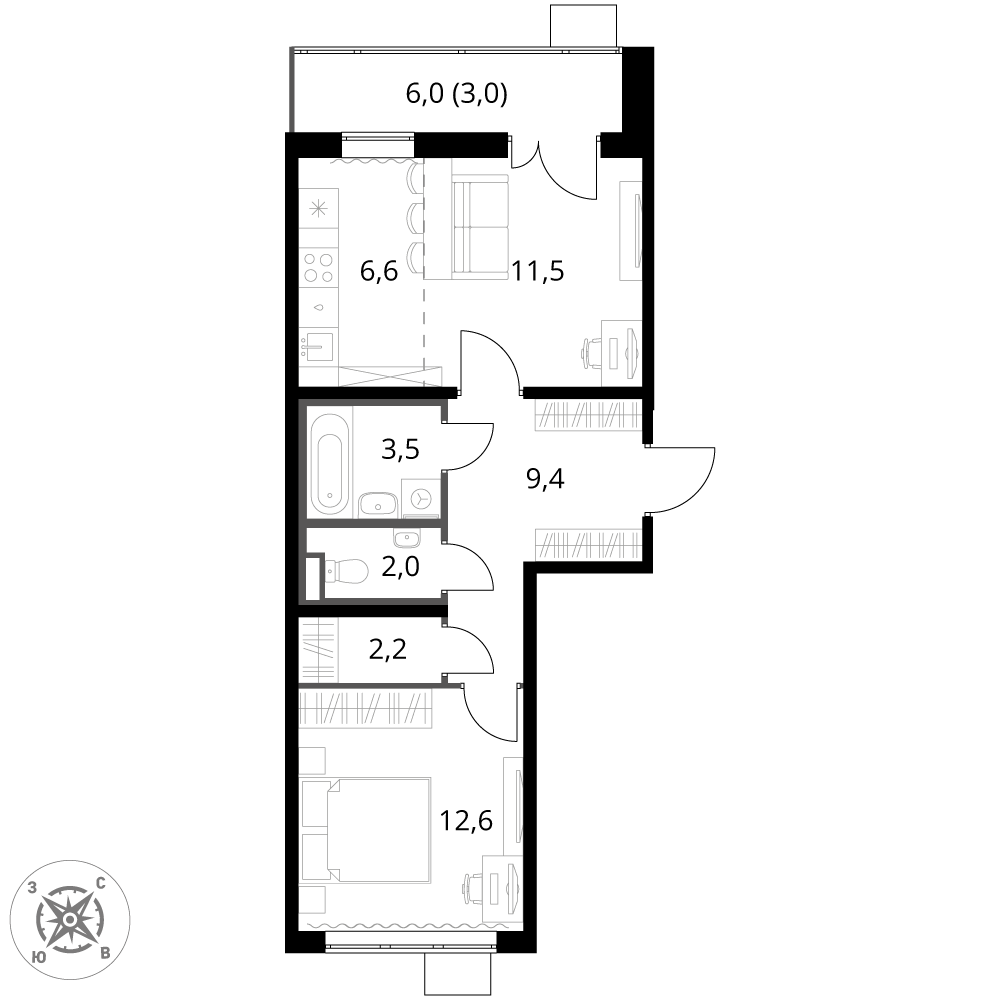 2 комн. квартира, 50.8 м², 6 этаж 