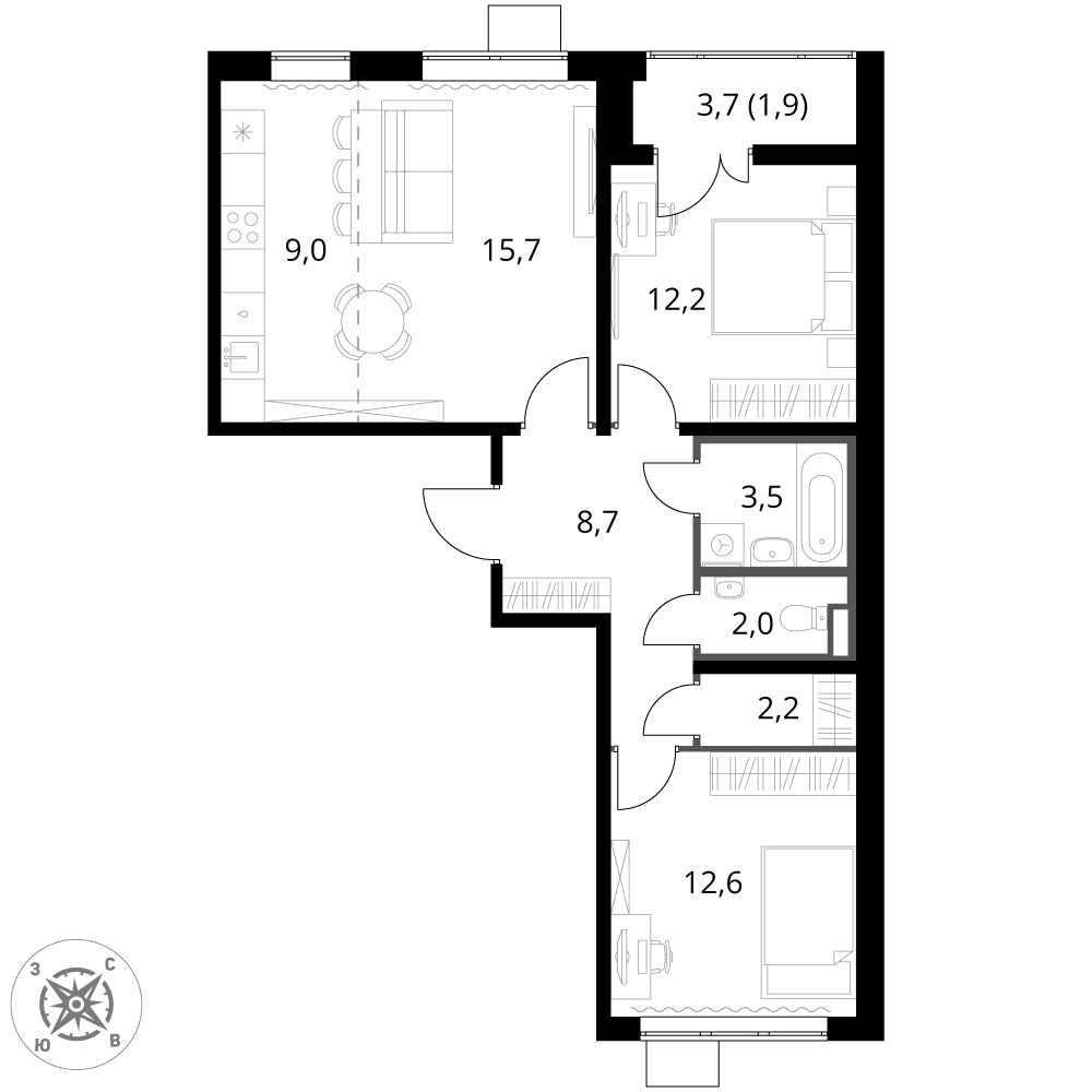 3 комн. квартира, 67.7 м², 8 этаж 