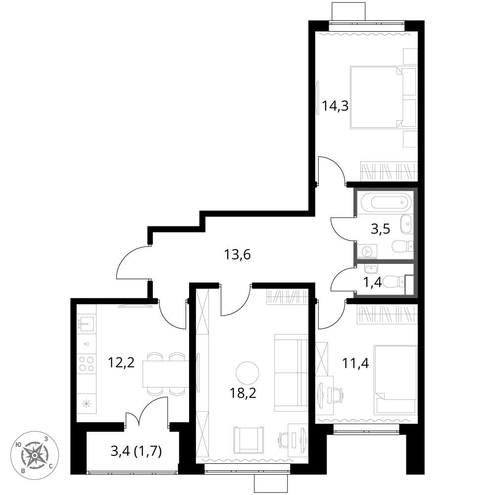 3 комн. квартира, 76.3 м², 15 этаж 