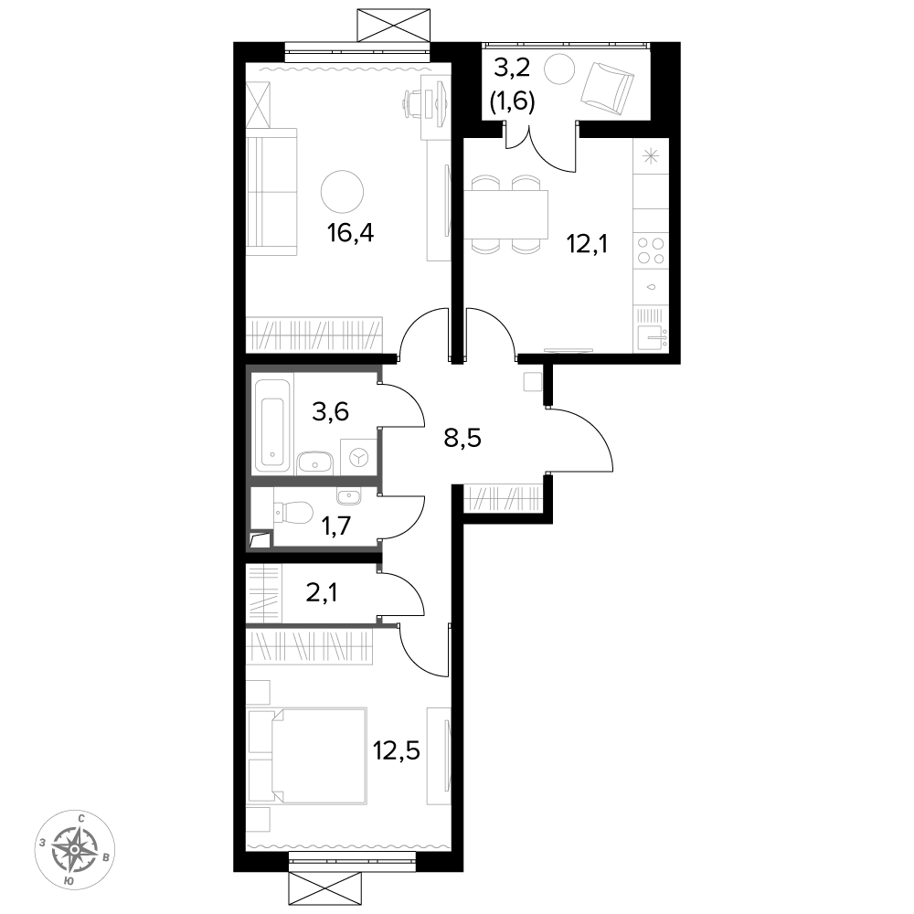 2 комн. квартира, 58.8 м², 4 этаж 