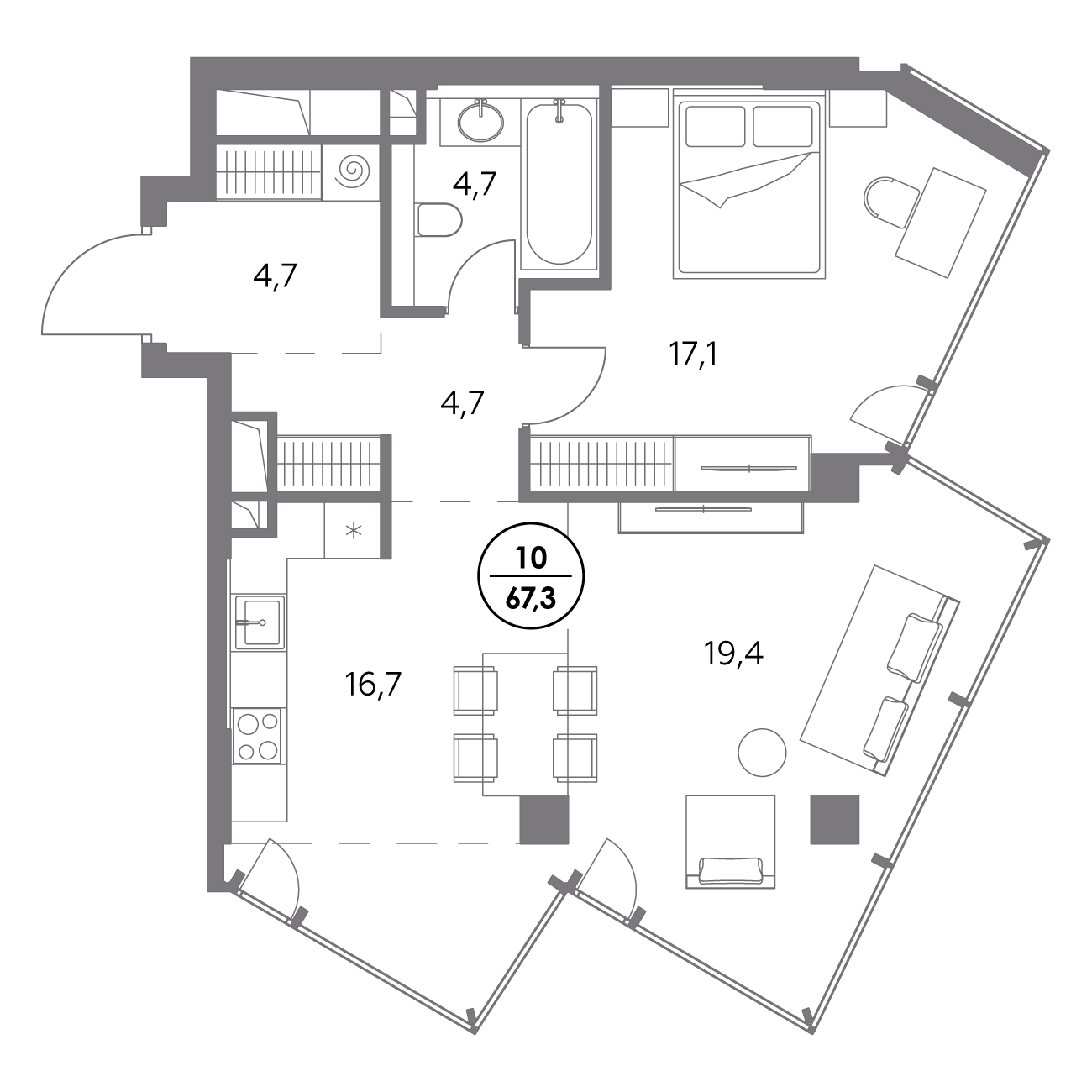 квартира со свободной планировкой, 67.3 м², 4 этаж 