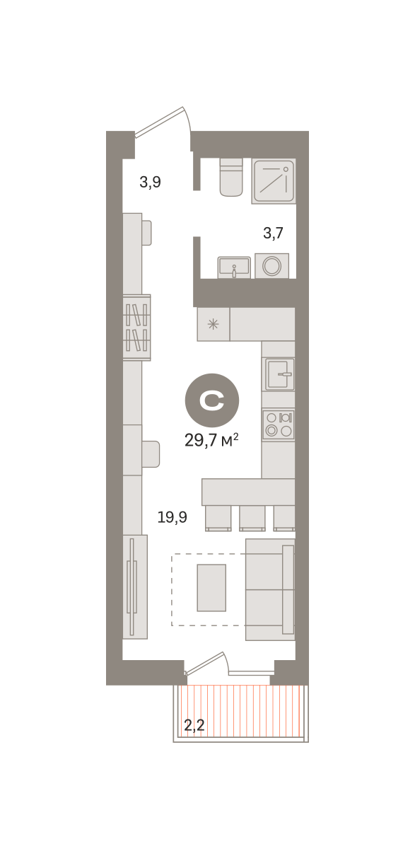 студия, 29.7 м², 9 этаж  (из 29)