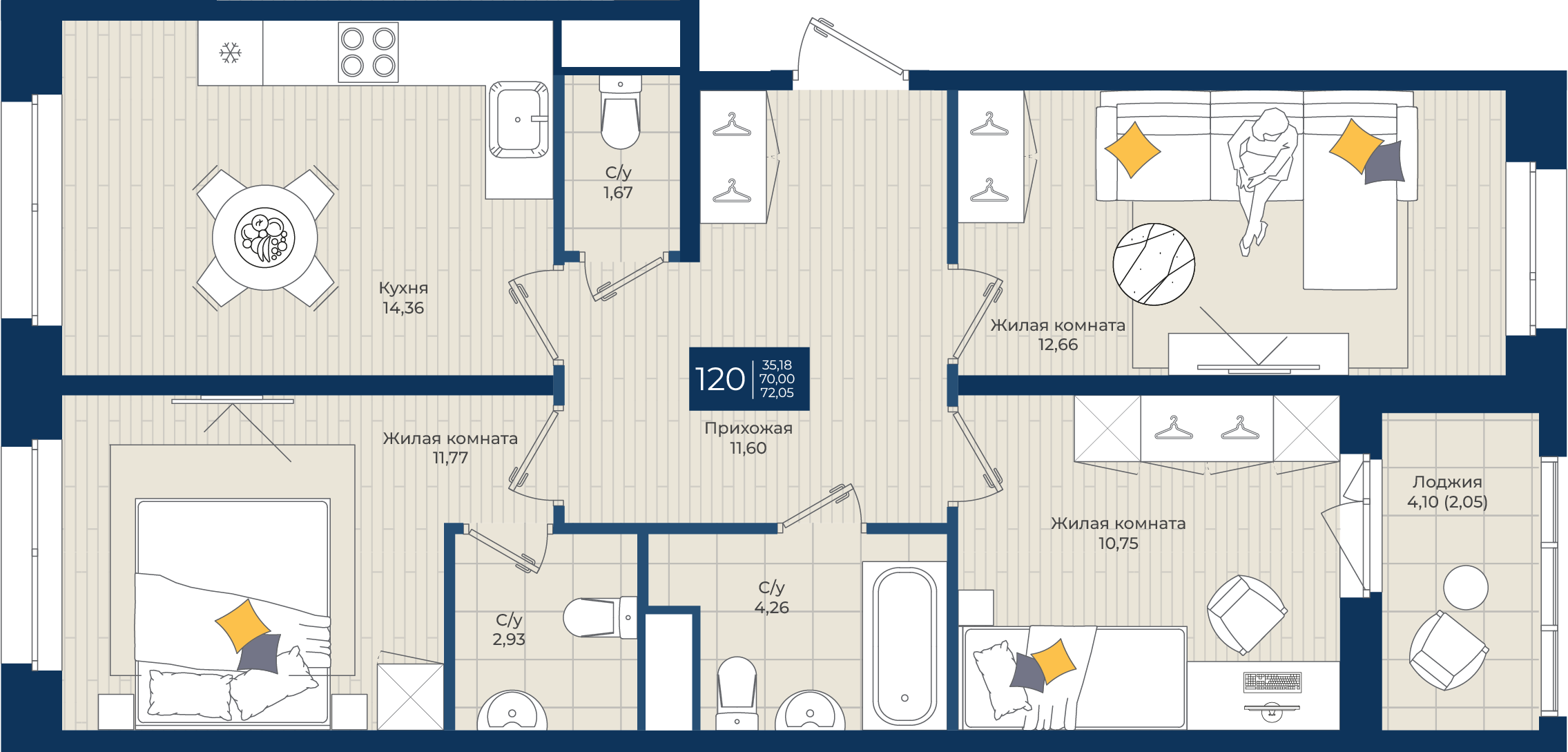 3 комн. квартира, 72 м², 7 этаж 