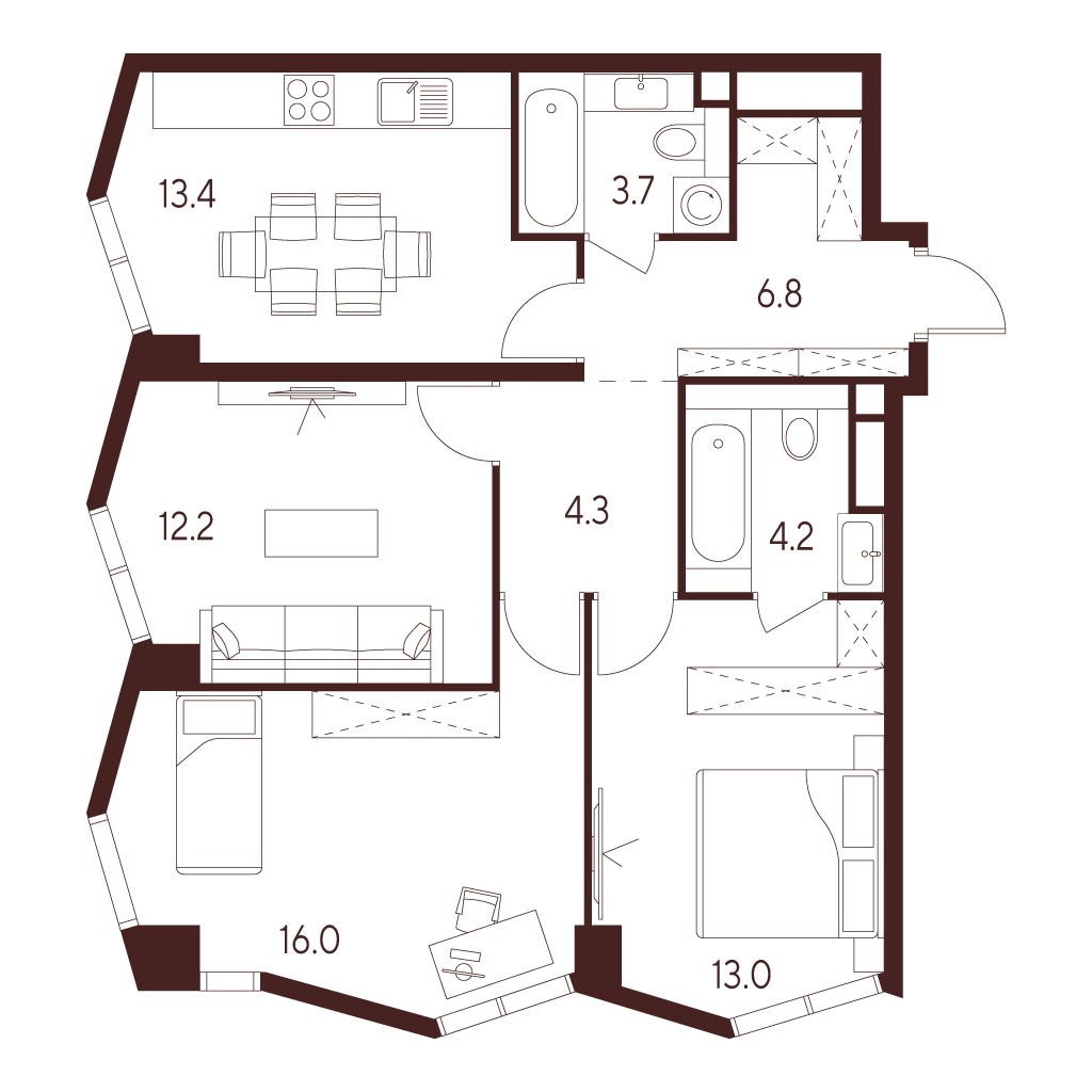 3 комн. квартира, 73.6 м², 19 этаж 