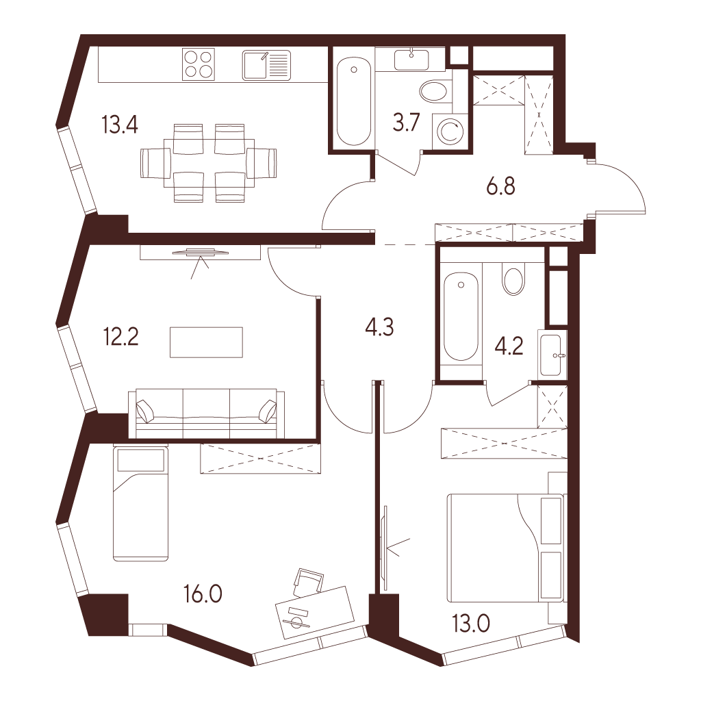 3 комн. квартира, 73.6 м², 24 этаж 