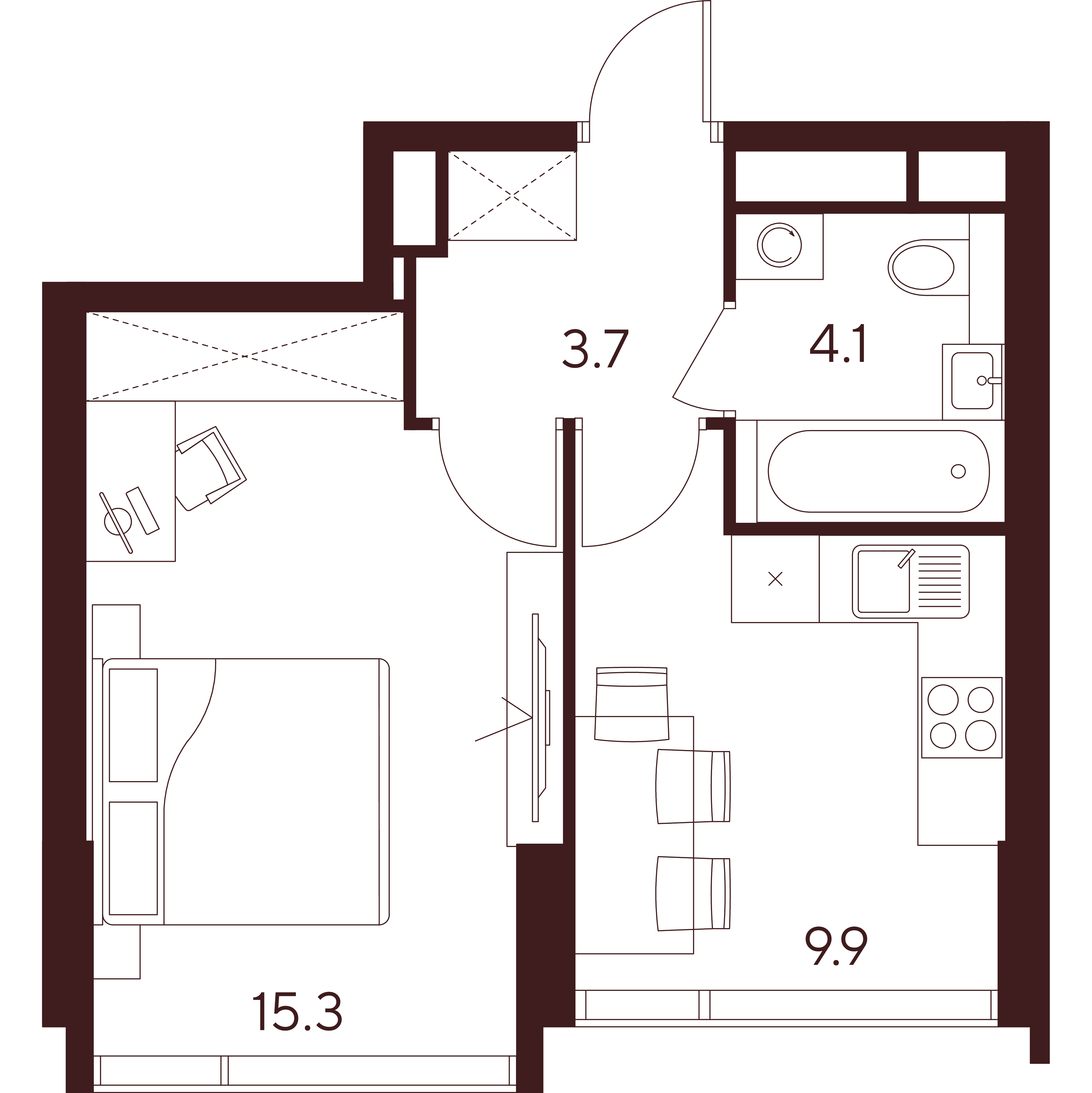 1 комн. квартира, 33 м², 27 этаж 