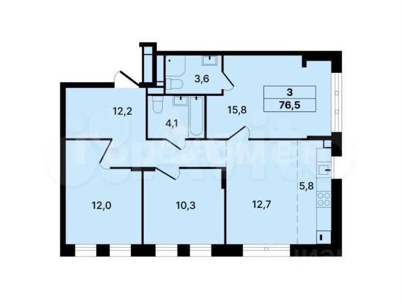 3 комн. квартира, 76 м², 2 этаж 