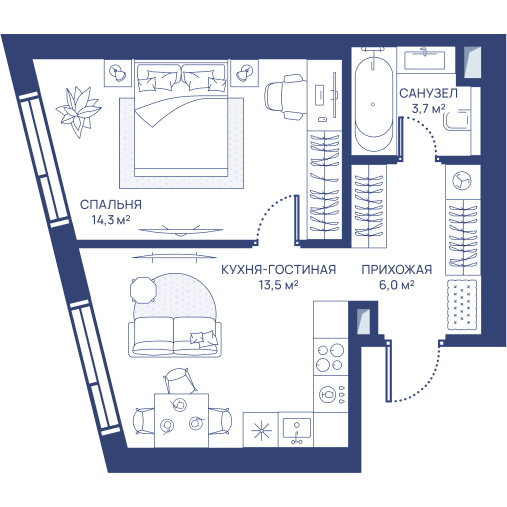 1 комн. квартира, 37.5 м², 3 этаж 