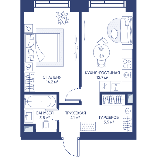 1 комн. квартира, 38 м², 24 этаж 