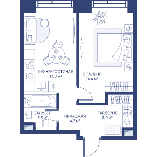 1 комн. квартира, 38.4 м², 10 этаж 
