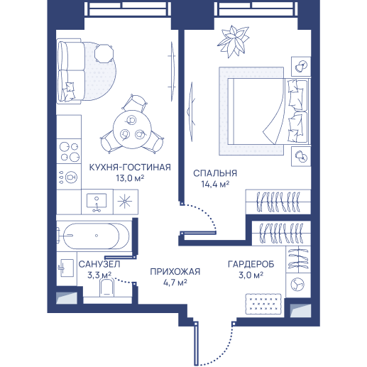 1 комн. квартира, 38.4 м², 19 этаж 