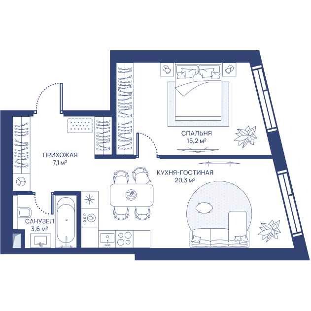 1 комн. квартира, 46.2 м², 9 этаж 
