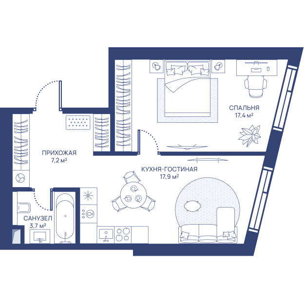 1 комн. квартира, 46.2 м², 19 этаж 