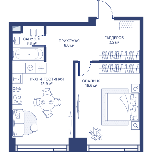 1 комн. квартира, 47 м², 3 этаж 
