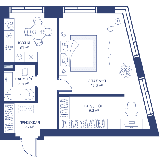 1 комн. квартира, 47.5 м², 13 этаж 
