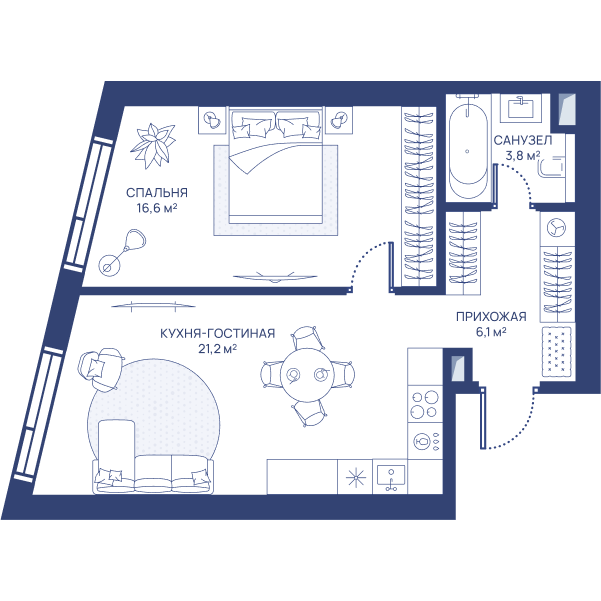 1 комн. квартира, 47.7 м², 24 этаж 