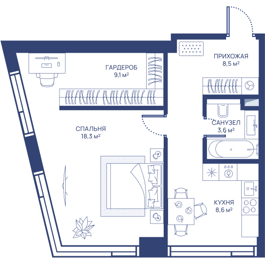1 комн. квартира, 48.1 м², 10 этаж 