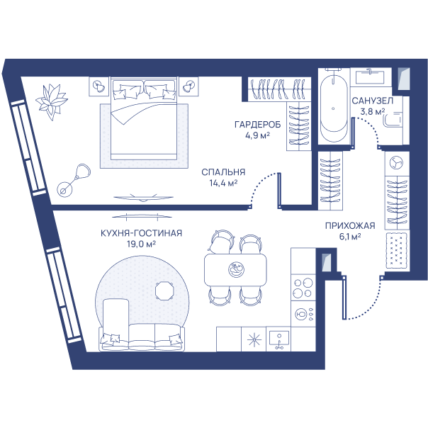 1 комн. квартира, 48.2 м², 10 этаж 