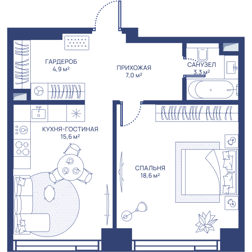 1 комн. квартира, 49.4 м², 9 этаж 