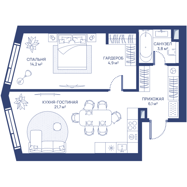1 комн. квартира, 50.7 м², 14 этаж 