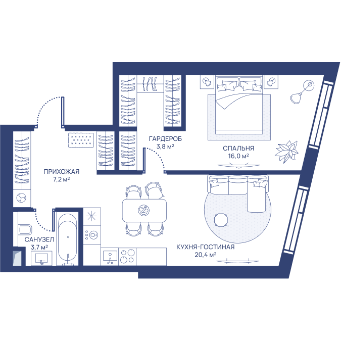 1 комн. квартира, 51.1 м², 18 этаж 