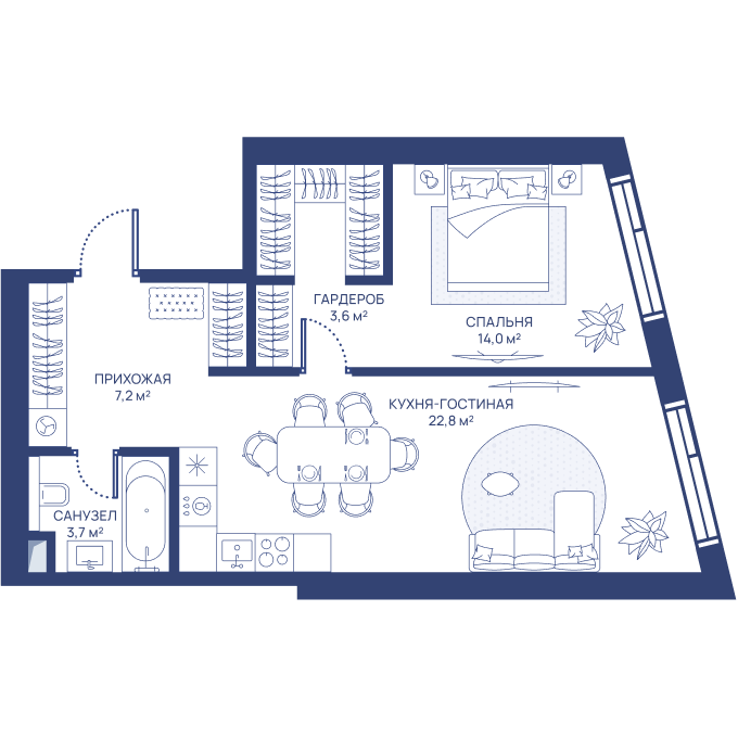1 комн. квартира, 51.3 м², 10 этаж 