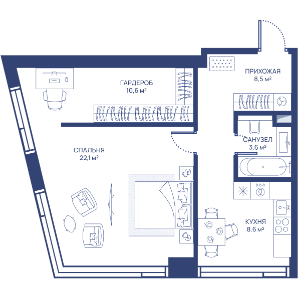 1 комн. квартира, 53.4 м², 14 этаж 