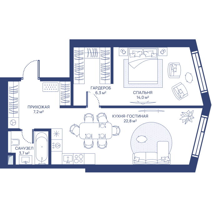 1 комн. квартира, 54 м², 13 этаж 