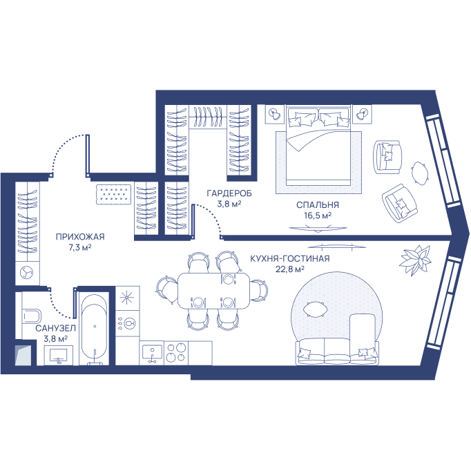 1 комн. квартира, 54.2 м², 25 этаж 