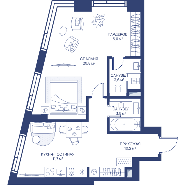 1 комн. квартира, 54.8 м², 20 этаж 