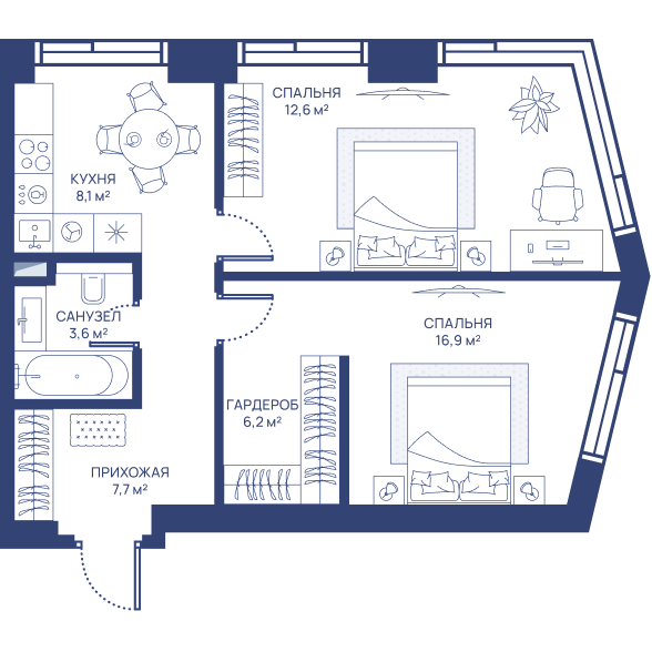 2 комн. квартира, 55.1 м², 20 этаж 